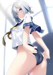  1girl adjusting_clothes adjusting_swimsuit ass blue_eyes blush breasts closed_mouth hair_ornament hair_over_one_eye hair_scrunchie hairclip hamakaze_(kancolle) highres kantai_collection large_breasts looking_at_viewer nebusoku neckerchief sailor_collar school_swimsuit school_uniform scrunchie serafuku short_hair solo swimsuit swimsuit_under_clothes thighs wet wet_clothes 