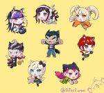  3boys 5girls :d :q absurdres animal animal_ears apron artist_name bandaged_arm bandages bandaid bandaid_on_knee bandaid_on_leg bangs black_hair black_headwear black_skirt blonde_hair blue_hair blush blush_stickers bow bowtie camera cat-tail cat_boy cat_ears cat_girl cat_hair_ornament cham-p danganronpa_(series) danganronpa_2:_goodbye_despair dudeoji_(dotheg_ansoni) ear_piercing earrings facial_mark fang fish green_bow green_thighhighs grey_eyes grey_hair hair_bow hair_ornament hamster heterochromia highres holding holding_camera jacket japanese_clothes jewelry jum-p jumpsuit kemonomimi_mode kimono koizumi_mahiru long_hair long_sleeves looking_at_viewer maga-g medium_hair mioda_ibuki multicolored_hair multiple_boys multiple_girls necktie nidai_nekomaru one_eye_closed open_clothes open_jacket open_mouth orange_eyes pants piercing pink_hair pink_shirt pink_thighhighs red_bow red_bowtie red_eyes red_hair saionji_hiyoko shiny shiny_hair shirt short_hair short_sleeves simple_background skirt smile sonia_nevermind souda_kazuichi sun-d tanaka_gandamu thighhighs tongue tongue_out torn_thighhighs tsumiki_mikan twintails two-tone_hair whisker_markings 