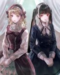  2girls akamatsu_kaede alternate_costume artist_name bangs black_skirt bow breasts buttons closed_mouth commentary_request danganronpa_(series) danganronpa_v3:_killing_harmony double-breasted dress frilled_shirt frills grey_shirt hair_bow hair_ribbon harukawa_maki headdress large_breasts layered_skirt long_hair long_sleeves looking_at_viewer mole mole_under_eye multiple_girls own_hands_together pink_bow red_eyes ribbon sakuyu shiny shiny_hair shirt sitting skirt smile twintails watermark wavy_hair white_ribbon 