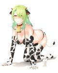  1girl absurdres all_fours animal_ears animal_print aqua_nails bell bikini blush braid breasts brown_collar ceres_fauna cleavage collar cow_ears cow_horns cow_print cowbell cup drey525 drinking_glass elbow_gloves fingerless_gloves flower gloves green_hair hair_flower hair_ornament highres hololive hololive_english horns large_breasts long_hair milk mole mole_under_eye neck_bell no_shoes parted_lips print_bikini print_gloves print_legwear simple_background skindentation solo swimsuit thighhighs virtual_youtuber wavy_hair white_background white_flower yellow_eyes 