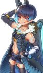  absurdres blue_hair brown_hair chest_jewel fiery_hair glowing_lines highres leggings navel sena_(xenoblade) short_shorts shorts shoulder_strap siebolds_demon simple_background solo sports_bra sword sword_on_back weapon weapon_behind_back weapon_on_back white_background xenoblade_chronicles_(series) xenoblade_chronicles_3 