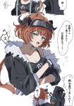  1girl ahoge arknights bangs black_coat black_shirt breasts cleavage coat croissant_(arknights) crossed_arms doctor_(arknights) fang fur_collar gloves green_eyes highres hooded_coat horns looking_at_viewer na_tarapisu153 open_clothes open_coat open_mouth orange_hair penguin_logistics_logo shirt short_hair skin_fang solo speech_bubble tank_top translation_request visor_cap 