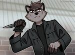  anthro brass_knuckles clothing detailed_background diaminerre fingerless_gloves frown gloves handwear hi_res jacket knife male mammal melee_weapon procyonid raccoon red_eyes signature solo topwear weapon 