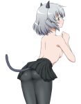  1girl animal_ears ass black_pantyhose black_skirt blush breasts cat_ears cat_tail green_eyes grey_hair hiro_yoshinaka looking_at_viewer looking_back microskirt no_bra pantyhose pleated_skirt sanya_v._litvyak shiny shiny_hair short_hair simple_background skirt small_breasts solo strike_witches tail topless white_background world_witches_series 