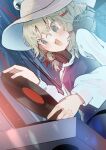  1girl :3 :d aqua_eyes bangs blonde_hair brown_headwear commentary dj hat headphones highres holding long_sleeves medium_hair moriya_suwako open_mouth purple_skirt purple_vest record shirt skirt smile solo tamagogayu1998 touhou turntable turtleneck upper_body vest white_shirt 