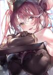 1girl bangs bare_shoulders blush breasts heterochromia hololive houshou_marine large_breasts long_hair looking_at_viewer open_mouth red_eyes redcomet smile solo virtual_youtuber yellow_eyes 