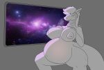  anthro belly big_belly big_breasts breasts cosmic_background crouching daihara_bakunyu digital_drawing_(artwork) digital_media_(artwork) dragon female hair hi_res huge_breasts hyper inside keinga line_art looking_away monochrome nebula nipples nude p.r.e.g. pregnant scalie shaded signature simple_background simple_shading smile solo space star thick_tail thick_thighs visor 