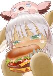  1other animal_ears brown_fur burger cheese creature creature_on_head eating food furry green_eyes holding holding_food horizontal_pupils ishida_ryoma lettuce made_in_abyss meinya_(made_in_abyss) nanachi_(made_in_abyss) other_focus rabbit_ears simple_background tearing_up tomato_slice whiskers white_background white_hair 