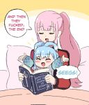  bangs bed_sheet blue_hair book derivative_work hololive hololive_english hololive_indonesia jacket kobo_kanaeru long_hair long_sleeves meme mori_calliope multicolored_hair multiple_girls open_mouth parody pillow pink_hair ponytail seggs_(meme) virtual_youtuber wersman white_hair 