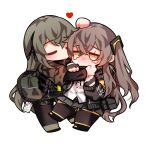  2girls absurdres bangs black_gloves black_pantyhose black_ribbon black_skirt blush brown_hair chibi closed_eyes commission commissioner_upload crying crying_with_eyes_open fingerless_gloves full_body garter_straps girls&#039;_frontline gloves hair_between_eyes hair_ornament hair_ribbon headpat heart highres hug id_card jacket long_hair multiple_girls one_side_up open_clothes open_jacket orange_eyes pantyhose pleated_skirt ribbon scar scar_across_eye scar_on_face shirt skirt standing tears transparent_background ump40_(girls&#039;_frontline) ump45_(girls&#039;_frontline) white_shirt yuutama2804 