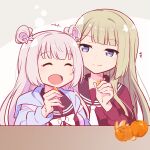  +++ 2girls :d ^_^ assault_lily bangs blue_jacket blunt_bangs bow bowtie brown_sailor_collar circle closed_eyes closed_mouth double_bun food fruit grey_background grey_hair hair_bow hair_bun hand_up highres holding holding_food holding_fruit jacket kanba_girls_high_school_uniform light_blush long_hair long_sleeves mandarin_orange miyagawa_takane morugen multicolored_clothes multicolored_jacket multiple_girls necktie notice_lines open_clothes open_jacket open_mouth orange_(fruit) orange_slice pink_hair pink_jacket purple_eyes red_shirt sailor_collar school_uniform serafuku shirt side-by-side smile table tanba_akari two-tone_background upper_body white_background white_bow white_bowtie white_necktie 