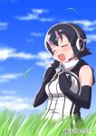  1girl bare_shoulders black_gloves black_hair black_sweater closed_eyes commentary_request elbow_gloves eyes_visible_through_hair gloves grass headphones high_collar highres humboldt_penguin_(kemono_friends) kemono_friends kemono_friends_v_project microphone music open_mouth penguin_girl pink_hair short_hair singing sleeveless solo sweater taguchi_makoto two-tone_sweater upper_body virtual_youtuber white_sweater 