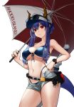  1girl absurdres arknights bangs baseball_cap bikini blue_bikini blue_hair blush breasts cafefrog ch&#039;en_(arknights) cleavage closed_mouth dragon_horns dragon_tail eyewear_on_headwear female_tourist_c_(arknights) front-tie_bikini front-tie_top grey_shorts hair_between_eyes hand_on_hip hat highleg highleg_bikini highres holding holding_umbrella horns horns_through_headwear large_breasts long_hair micro_shorts red_eyes shorts simple_background solo sunglasses swimsuit tail umbrella watch wet white_background wristwatch 