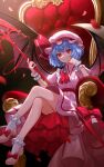  1girl ascot bat_wings blue_hair bow brooch crossed_legs dress hat highres jewelry lazuri7 light_particles looking_at_viewer mob_cap petals red_bow red_eyes remilia_scarlet rose_petals short_hair sitting smile solo spear_the_gungnir throne touhou wings wrist_cuffs 