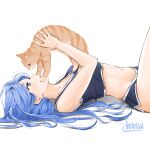  1girl animal artist_name ass bangs bare_arms bare_shoulders black_shirt black_shorts blue_eyes blue_hair cat chaesu crop_top feet_up from_side highres holding holding_animal long_hair minah_(chaesu) navel original shiny shiny_hair shirt shorts simple_background solo stomach white_background 
