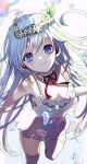  1girl bangs bare_arms bare_shoulders blue_eyes blurry blurry_background blush breasts chita_(ketchup) closed_mouth collarbone commentary_request depth_of_field dress feet_out_of_frame frilled_dress frills grey_background grey_hair hair_between_eyes highres looking_at_viewer neck_ribbon original red_ribbon ribbon signature simple_background sleeveless sleeveless_dress small_breasts smile solo standing standing_on_one_leg thighhighs water_drop white_dress white_thighhighs 