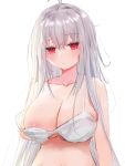  1girl absurdres ahoge areola_slip bangs bare_arms bra bra_slip breasts chinese_commentary cleavage closed_mouth collarbone grey_hair hair_between_eyes highres large_breasts long_hair lshiki original red_eyes simple_background sketch solo underwear underwear_only upper_body very_long_hair white_background white_bra white_hair 