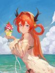  1girl arknights bangs bare_shoulders bikini blue_sky cloud day detached_sleeves food hair_between_eyes hair_intakes hair_rings highres holding holding_food horns ice_cream long_hair looking_at_viewer ocean purple_eyes red_hair shiiirooo sky smile solo surtr_(arknights) surtr_(colorful_wonderland)_(arknights) swimsuit upper_body very_long_hair water 