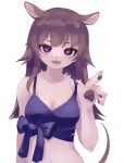  1girl animal_ears animal_hands bangs blue_bow blue_bra bow bow_bra bra brown_hair collarbone fangs furry furry_female heart heart-shaped_pupils highres long_hair looking_at_viewer mouse_ears mouse_girl mouse_tail navel open_hand open_mouth original pink_fur purple_eyes saaa sidelocks simple_background solo strap_pull symbol-shaped_pupils tail underwear upper_body white_background 