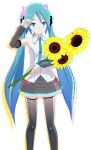  1girl 3d aqua_eyes aqua_hair aqua_necktie bangs bare_shoulders black_footwear black_skirt black_sleeves black_thighhighs boots bouquet breasts commentary_request detached_sleeves flower frilled_skirt frills full_body hair_between_eyes hands_on_hips hatsune_miku hatsune_miku_(vocaloid4) headset highres long_hair long_sleeves looking_at_viewer medium_breasts mikumikudance_(medium) miniskirt mintlentil necktie shoulder_tattoo simple_background skirt smile solo sunflower tattoo thigh_boots thighhighs v4x very_long_hair vest vocaloid vocaloid_(lat-type_ver) white_background white_vest 