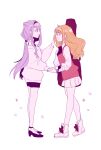  2girls :d aisaki_emiru ayumaru_(art_of_life) blush brown_hair closed_mouth facing_another full_body high_heels highres holding_hands hugtto!_precure long_hair looking_at_another multiple_girls open_mouth precure purple_hair ruru_amour smile wavy_hair white_background 