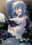  1boy absurdres bishounen blue_eyes blue_hair blurry depth_of_field doran_(doran7280) gloves highres idol idol_clothes idolish_7 looking_at_viewer male_focus microphone open_mouth outstretched_hand short_hair smile solo white_gloves yotsuba_tamaki 