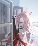  animal_ear_fluff animal_ears arknights bare_shoulders black_gloves blue_sky day elbow_gloves envelope gloves high-waist_skirt highres holding holding_envelope long_hair mebe_(teadia_violet) one_eye_closed open_window outdoors parted_lips pelvic_curtain pink_hair pozyomka_(arknights) red_eyes red_skirt sitting skirt sky smile thigh_strap very_long_hair window wolf_ears 