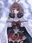  1girl ahoge bangs breasts brown_eyes brown_hair cape cleavage eyepatch feather_hair_ornament feathers fur_trim gardavwar gloves hair_ornament highres hololive hololive_english long_hair looking_at_viewer multicolored_hair nanashi_mumei shirt skirt snow solo streaked_hair sword virtual_youtuber weapon white_shirt 
