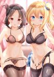  2girls :o ass_visible_through_thighs bangs black_bra black_hair black_panties black_thighhighs blonde_hair blue_eyes blue_scrunchie blurry blurry_background blush bra breasts brown_bra brown_panties brown_thighhighs cleavage closed_mouth commentary_request depth_of_field folded_ponytail frilled_bra frilled_panties frills hair_between_eyes hair_ornament hair_scrunchie hayasaka_ai highres kaguya-sama_wa_kokurasetai_~tensai-tachi_no_renai_zunousen~ medium_breasts multiple_girls one_side_up panties panty_pull parted_bangs parted_lips pillow plaid pulled_by_self red_eyes scrunchie shinomiya_kaguya sidelocks thighhighs underwear underwear_only zenon_(for_achieve) 