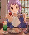  1girl absurdres bangs blue_shirt cafe cake cake_slice cellphone checkered_clothes checkered_shirt cherry collar commentary cup drink drinking_glass drinking_straw food fork fruit hands_up highres holding holding_food holding_fork idolmaster idolmaster_million_live! indoors long_sleeves looking_at_viewer makabe_mizuki napkin napkin_holder open_mouth phone plate pov purple_hair shirt short_hair sidelocks smartphone solo strawberry table tanupon upper_body wavy_hair white_collar window yellow_eyes 