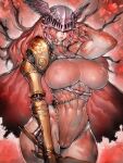  1girl abs breasts cape closed_mouth covered_eyes elden_ring fumio_(rsqkr) helmet highres holding holding_sword holding_weapon leotard long_hair malenia_blade_of_miquella mechanical_arms prosthesis prosthetic_arm prosthetic_leg red_cape red_hair sexually_suggestive single_mechanical_arm solo sword very_long_hair weapon winged_helmet 