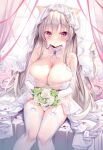  1girl animal_ears bangs bare_shoulders bed bed_sheet bedroom blush bouquet bow breasts bridal_veil bride cameltoe cat_ears cat_girl cat_tail cleavage closed_mouth collarbone cropped curtains detached_collar dress elbow_gloves flower garter_belt garter_straps gloves green_flower hair_between_eyes highres holding holding_bouquet huge_breasts indoors large_breasts long_hair looking_at_viewer melonbooks on_bed original petals pillow red_eyes rose sidelocks sitting sitting_on_bed skindentation smile solo tail tail_bow tail_ornament tail_raised thighhighs twintails underwear veil very_long_hair wedding_dress white_flower white_gloves white_rose window yatanukikey 
