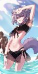  1girl ahoge animal_ear_fluff animal_ears arknights arm_up armpits ass_visible_through_thighs bikini black_bikini black_eyes blue_sky cowboy_shot day extra_ears flat_chest fox_ears fox_girl fox_tail hand_on_own_head highres kimo_suna looking_at_viewer navel official_alternate_costume outdoors parted_lips purple_hair rock see-through short_hair sky solo stomach sussurro_(arknights) sussurro_(summer_flowers)_(arknights) swimsuit tail wading water wristband 