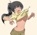  1girl black_hair blush breasts brown_eyes clothes_lift green_shorts highres large_breasts long_hair looking_at_viewer luminous_witches manaia_matawhaura_hato midriff navel no_bra noah_(0bp3292) open_mouth ponytail shiny shiny_hair shirt_lift shorts simple_background solo underboob world_witches_series yellow_background 