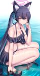  1girl :t absurdres animal_ear_fluff animal_ears aqua_ribbon arm_at_side bangs bare_legs bare_shoulders bikini bikini_skirt black_bikini black_footwear black_hair blue_archive blush breasts cat_ears chin_gero cleavage closed_mouth commentary_request frilled_bikini frills from_side full_body hair_between_eyes hair_ribbon halo halter_top halterneck hand_on_own_cheek hand_on_own_face hand_up highres long_hair looking_at_viewer looking_to_the_side medium_breasts navel off-shoulder_bikini off_shoulder official_alternate_costume outdoors platform_footwear pout raised_eyebrows ribbon sandals serika_(blue_archive) serika_(swimsuit)_(blue_archive) slit_pupils solo squatting stomach swimsuit twintails very_long_hair wading water water_drop wet wet_hair white_background 