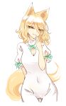  1girl :3 animal_ears blonde_hair cleavage_cutout closed_mouth clothing_cutout collarbone covered_navel fox_ears fox_tail hair_between_eyes highres kudamaki_tsukasa raptor7 romper short_hair short_sleeves simple_background smile solo tail touhou white_background white_romper yellow_eyes 