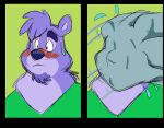  anthro awesomecakester beard blue_nose blush bodily_fluids clothed clothing cody_(themadcatter) embarrassed facial_hair fur goatee hi_res male mammal purple_body purple_fur solo sweat sweatdrop towel ursid water wet wet_towel 
