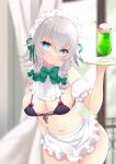 1girl apron aqua_eyes bangs bare_shoulders bikini black_bikini blue_eyes blush bow bow_bikini bowtie braid breasts cleavage commentary_request contrapposto cowboy_shot eyelashes green_bow green_bowtie grey_hair hair_between_eyes hair_bow holding holding_tray indoors izayoi_sakuya large_breasts looking_at_viewer maid maid_apron maid_headdress medium_hair navel red_bow sidelocks solo standing stomach swimsuit thighs tosakaoil touhou tray tropical_drink twin_braids waist_apron white_apron 