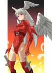  1girl absurdres angel_wings belt breasts commentary feathers final_fantasy final_fantasy_tactics gradient gradient_background grey_hair head_wings highleg highleg_leotard highres leotard long_hair looking_away medium_breasts multiple_wings red_eyes red_leotard red_thighhighs simple_background solo sword tanabe_(fueisei) thighhighs ultima_(fft) weapon white_wings wings 