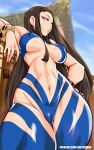  1girl bayeuxman bracelet brown_hair chun-li eyeshadow highres jewelry lipgloss long_hair makeup midriff solo street_fighter 