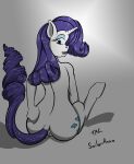  anus blue_eyes cutie_mark dock equid equine female feral friendship_is_magic hair hand_on_butt hi_res horn looking_back mammal my_little_pony open_mouth purple_hair rarity_(mlp) sailoranna simple_background sitting solo unicorn white_body 