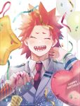  1boy adcalcium balloon blazer blurry blurry_foreground blush boku_no_hero_academia closed_eyes collared_shirt commentary_request confetti facing_viewer grey_jacket hand_on_own_neck happy_birthday heart_balloon highres jacket kirishima_eijirou long_sleeves male_focus necktie open_mouth party_popper red_hair red_necktie school_uniform sharp_teeth shirt short_hair simple_background smile solo spiked_hair star_balloon teeth u.a._school_uniform upper_body white_background white_shirt 