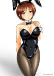  1girl alternate_costume animal_ears arms_behind_back black_pantyhose blush bow bowtie breasts brown_eyes brown_hair collarbone covered_navel detached_collar fake_animal_ears hand_on_own_chest kantai_collection kudou_(ooabareteng) large_breasts leotard looking_at_viewer natori_(kancolle) pantyhose playboy_bunny rabbit_ears rabbit_tail shadow short_hair solo strapless strapless_leotard tail twitter_username white_background wrist_cuffs 
