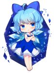  1girl ahoge bangs barefoot blue_background blue_bow blue_dress blue_eyes blue_hair blush bow bowtie chibi cirno closed_mouth crossed_arms crystal dress full_body hair_between_eyes highres ice ice_wings iris_anemone looking_to_the_side red_bow red_bowtie sailor_collar simple_background sleeveless sleeveless_dress solo standing touhou v-shaped_eyebrows white_background wings 