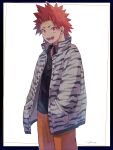  1boy adcalcium alternate_costume animal_print black_border black_shirt boku_no_hero_academia border collared_shirt commentary_request cowboy_shot hands_in_pockets highres jacket kirishima_eijirou long_sleeves looking_at_viewer male_focus open_clothes open_jacket open_mouth orange_pants outside_border pants print_jacket red_eyes red_hair sharp_teeth shirt short_hair signature simple_background smile solo spiked_hair standing teeth tiger_print white_background white_jacket 