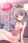  1girl :o bangs bare_arms bare_shoulders black_ribbon blue_dress blurry blurry_foreground blush breasts breasts_out china_dress chinese_clothes depth_of_field dress grey_hair hair_ribbon highres indoors kuriyuzu_kuryuu long_hair looking_at_viewer medium_breasts nipples no_shoes nose_blush original parted_lips purple_eyes ribbon round_window sleeveless sleeveless_dress solo thighhighs white_thighhighs window 
