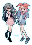  2girls alternate_eye_color bangs black_footwear black_socks black_vest blonde_hair blue_eyes blue_jacket blue_outline bow choker closed_mouth collared_shirt dated detached_hood fang flat_chest full_body green_hair grey_footwear grey_skirt grey_sweater_vest hair_ornament hairclip hatsune_miku heart highres hood jacket kagamine_rin long_hair long_sleeves medium_hair miniskirt multiple_girls neck_ribbon open_clothes open_jacket open_mouth outline pink_ribbon pink_skirt pink_socks plaid plaid_ribbon plaid_skirt red_bow red_eyes red_hood red_ribbon ribbon school_uniform shirt shoes short_sleeves simple_background skirt sleeves_past_fingers sleeves_past_wrists smile socks sweater_vest transparent_background vest vocaloid watch white_shirt wristwatch xiangbuqimimaderen 