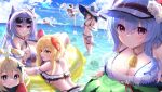  6+girls back ball bangs beachball bell bikini black_bikini black_hair blonde_hair blue_bikini blue_hair blue_sky blush boo_tao_(genshin_impact) braid breasts cleavage cloud double_bun eating eula_(genshin_impact) flower food food_on_face frilled_bikini frills fruit ganyu_(genshin_impact) genshin_impact ghost hair_bun hair_flower hair_ornament halo halterneck hat highres horns hu_tao_(genshin_impact) innertube keqing_(genshin_impact) large_breasts long_hair looking_at_another looking_at_viewer looking_to_the_side lumine_(genshin_impact) medium_breasts mona_(genshin_impact) multiple_girls navel neck_bell ocean paimon_(genshin_impact) purple_bikini purple_eyes purple_hair qingxin_flower red_flower sidelocks sky slime_(genshin_impact) smile swimsuit very_long_hair vision_(genshin_impact) watermelon white_flower white_hair witch_hat yellow_eyes yunagi_amane 