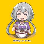  1girl ^_^ bangs blue_ribbon blush bowl breasts chair chopsticks closed_eyes es_(eisis) food grey_hair hair_ribbon konno_junko long_hair low_twintails noodles open_mouth orange_background ramen ribbon shirt short_sleeves simple_background sitting solo t-shirt translated twintails upper_body zombie_land_saga 