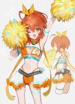  1girl ahoge arm_up armpits bangs bare_shoulders blush breasts cheering cheerleader cowboy_shot fate/grand_order fate_(series) fujimaru_ritsuka_(female) galibo high_ponytail highres holding holding_pom_poms looking_at_viewer midriff multiple_views navel one_eye_closed open_mouth orange_eyes orange_hair pom_pom_(cheerleading) ponytail smile solo standing 